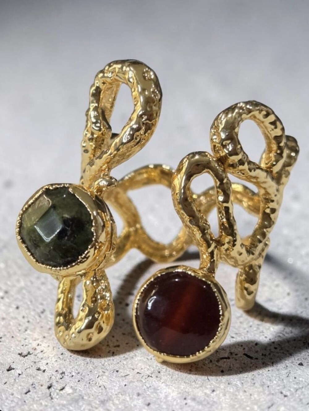 18k Gold Plated Artisan Garnet & Green Serpentine Free Formed Snake Ring